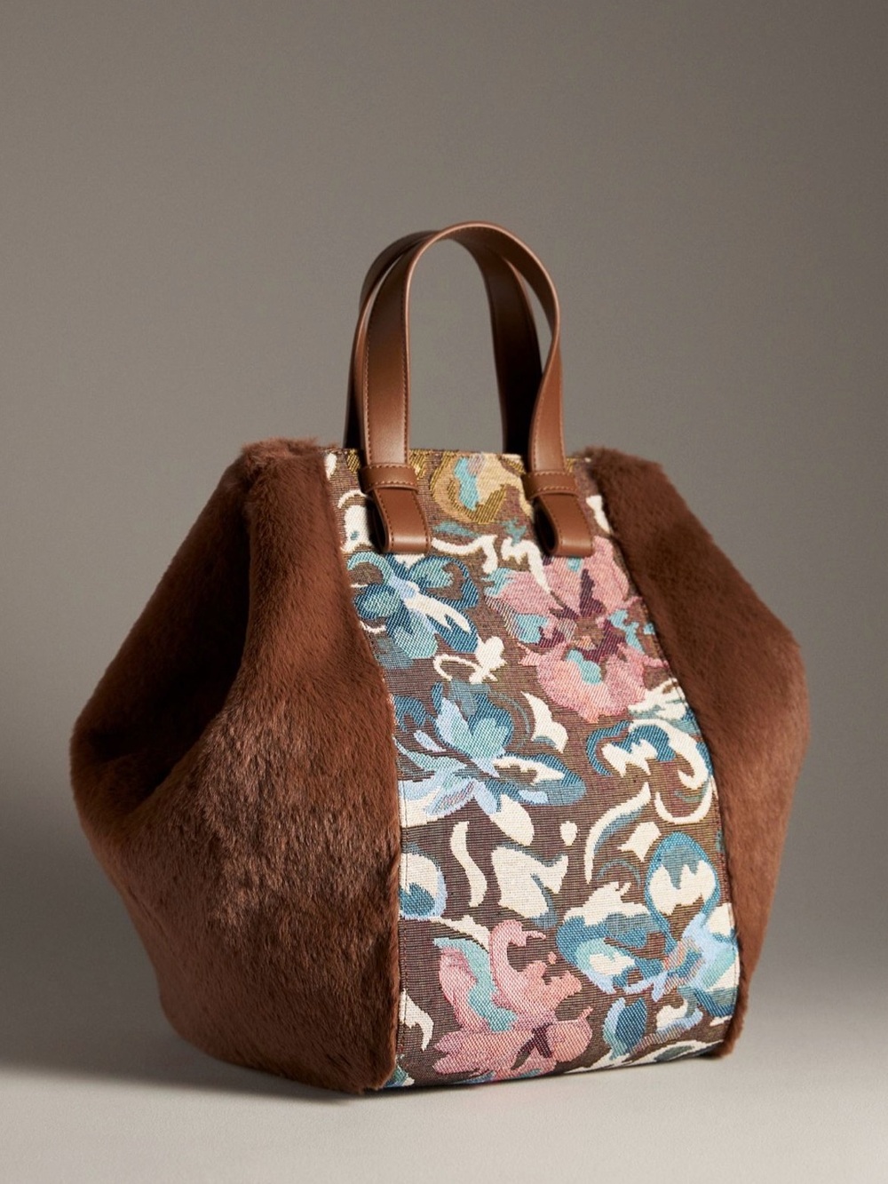 NWT Anthropologie Brown Floral-Panel Tote Bag with Leather Handles